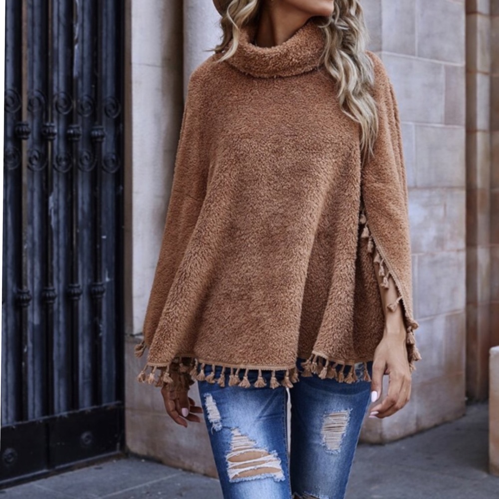 SOLD OUT CLEARANCE Soft Teddy Faux Fur Fringe Turtleneck Cape - Picture 7 of 8